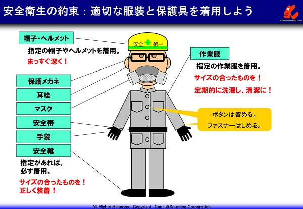 安全な服装と防護器具の着用事例